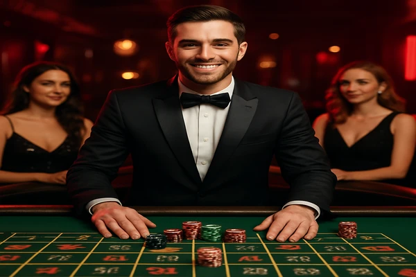 একজন পুরুষ অনলাইন গেমে জয়লাভের আনন্দ উদযাপন করছেন; চারপাশে গেমিং চিহ্নসমূহ হালকা আলোকরশ্মিতে ভাসছে